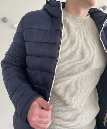 Doudoune à capuche HOMME courte imperméable et réversible matelassé bleu marine Le Petit Placard