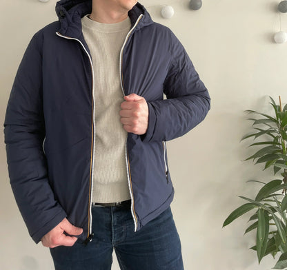 Doudoune à capuche HOMME courte imperméable et réversible matelassé bleu marine Le Petit Placard