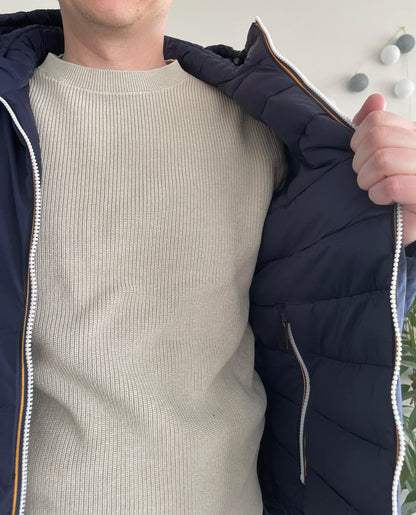 Doudoune à capuche HOMME courte imperméable et réversible matelassé bleu marine Le Petit Placard