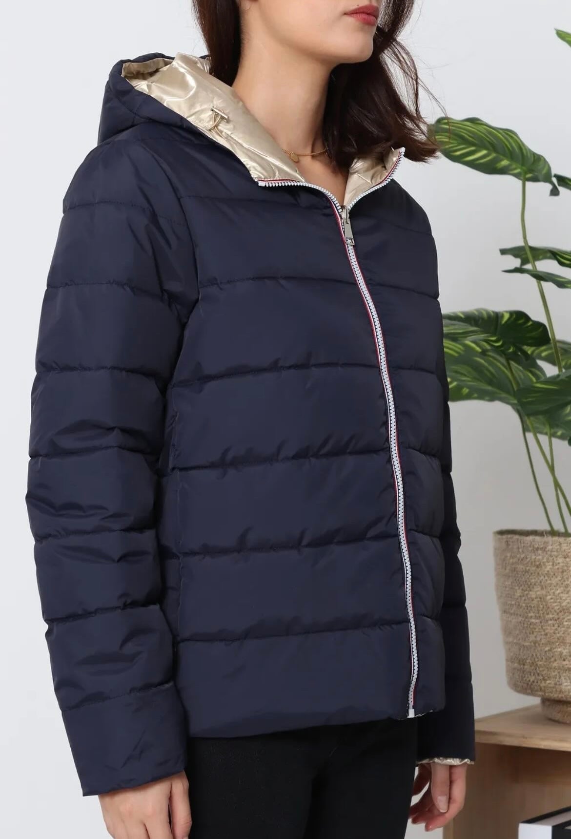 Doudoune manteau imperméable court réversible matelassé bleu marine doré Le Petit Placard