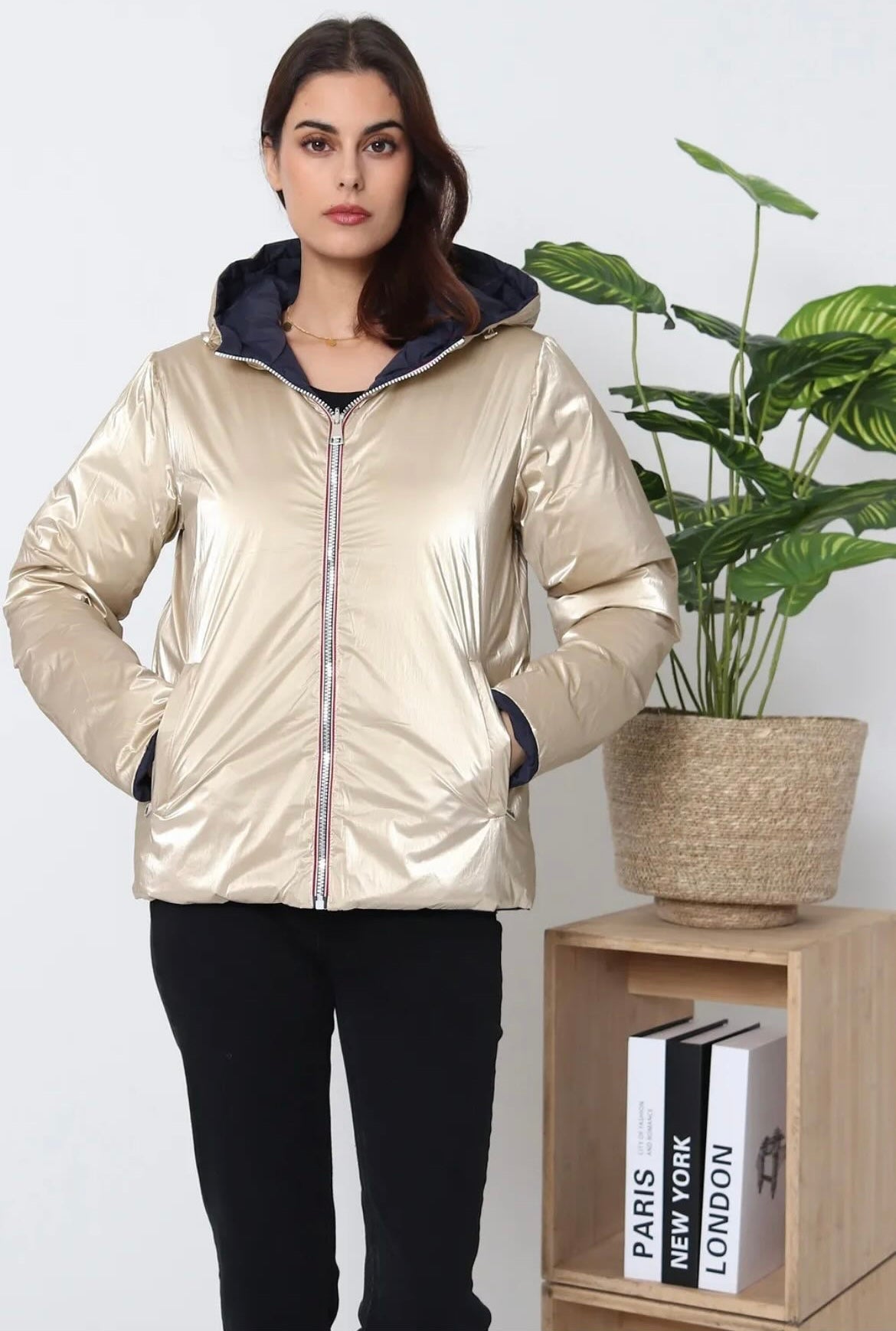 Doudoune manteau imperméable court réversible matelassé bleu marine doré Le Petit Placard