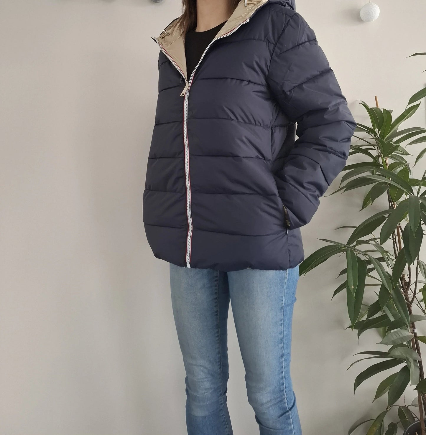 Doudoune manteau imperméable court réversible matelassé bleu marine doré Le Petit Placard
