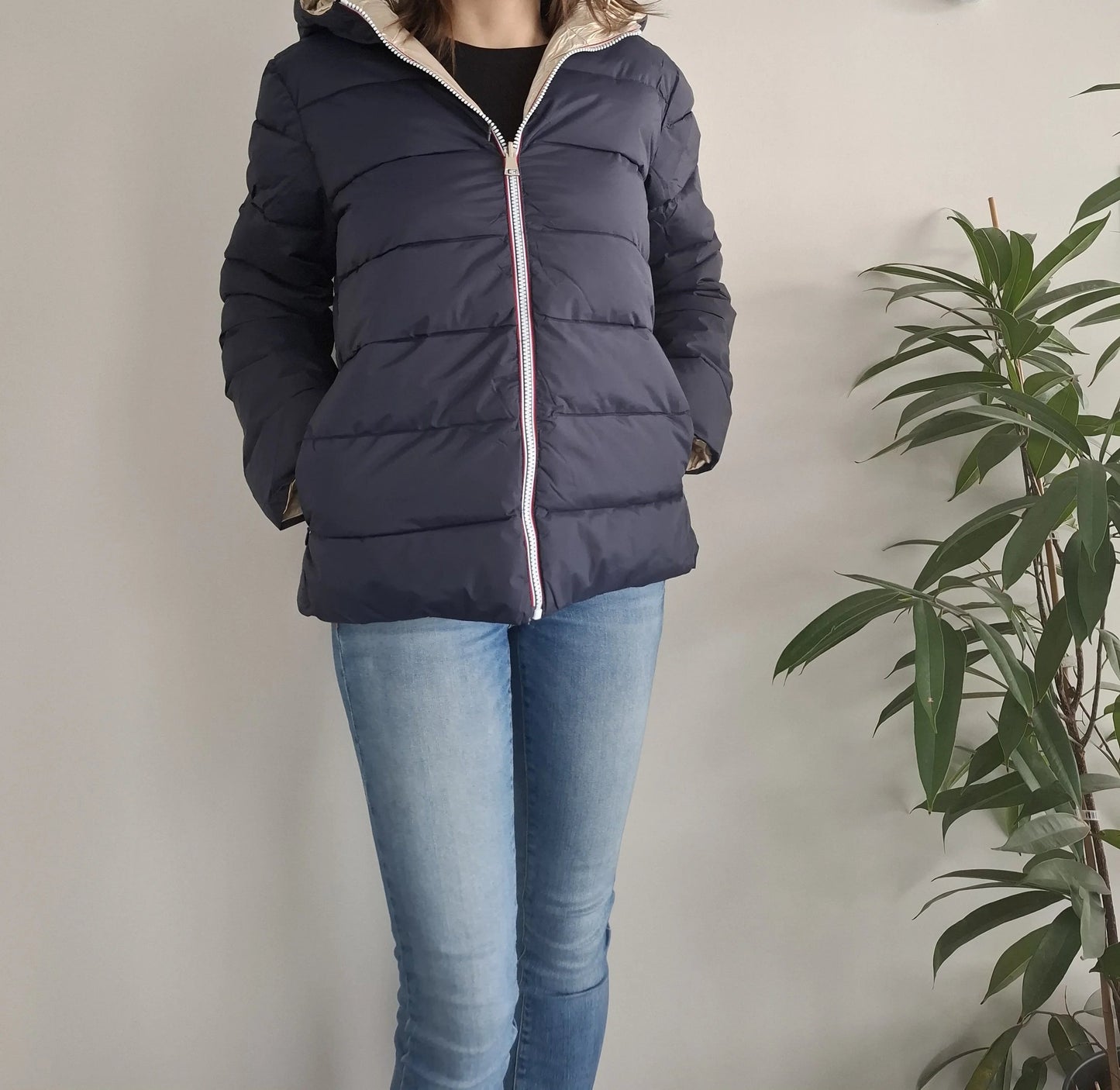 Doudoune manteau imperméable court réversible matelassé bleu marine doré Le Petit Placard