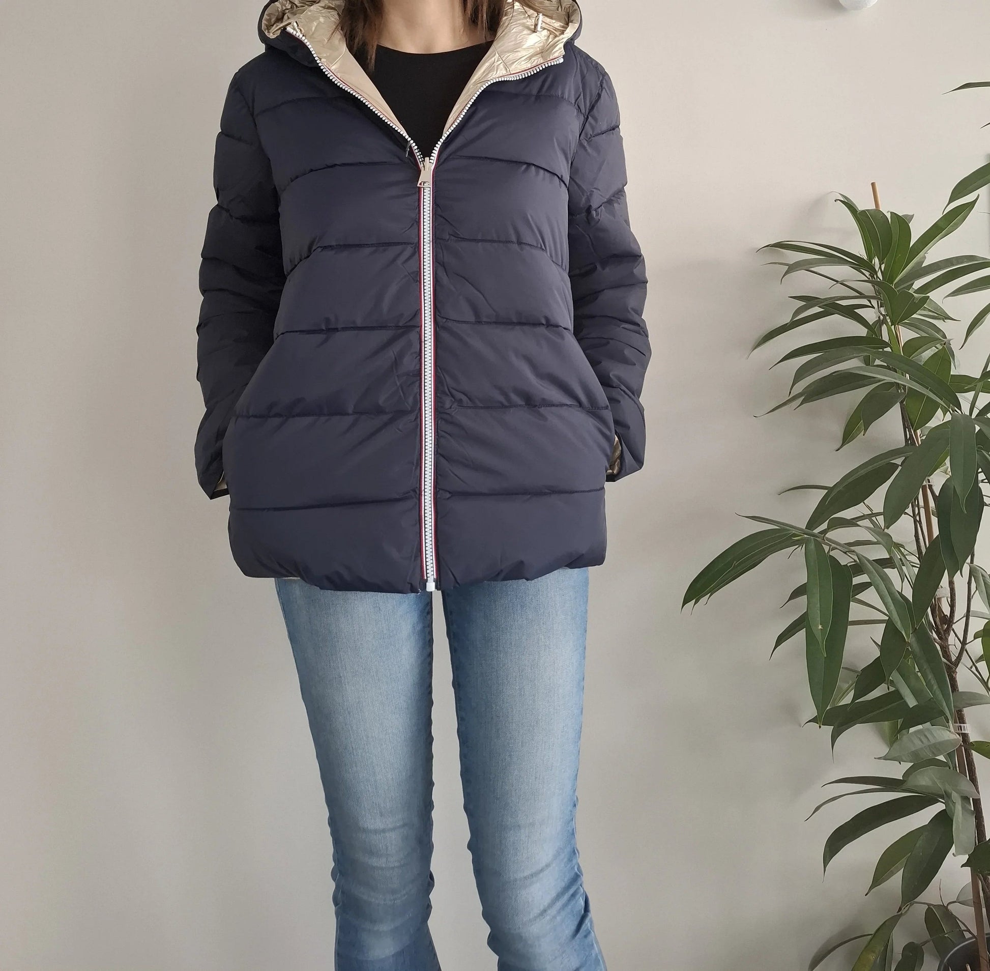 Doudoune manteau imperméable court réversible matelassé bleu marine doré Le Petit Placard