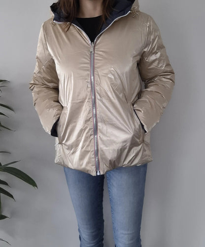 Doudoune manteau imperméable court réversible matelassé bleu marine doré Le Petit Placard