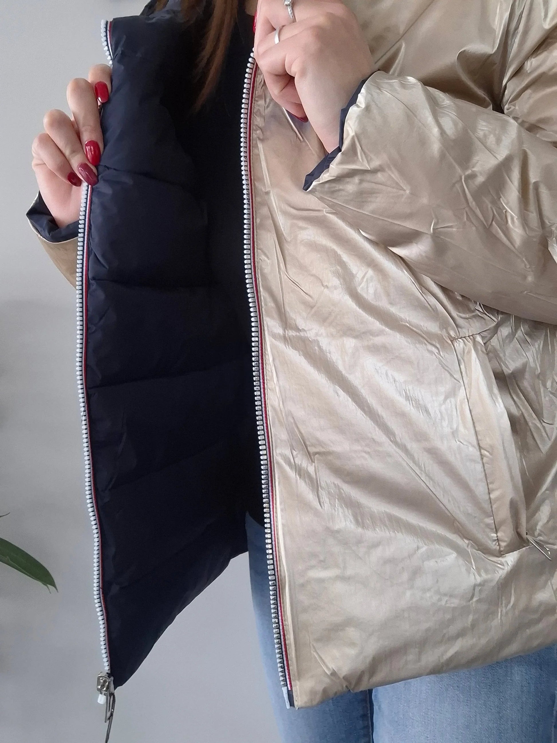 Doudoune manteau imperméable court réversible matelassé bleu marine doré Le Petit Placard
