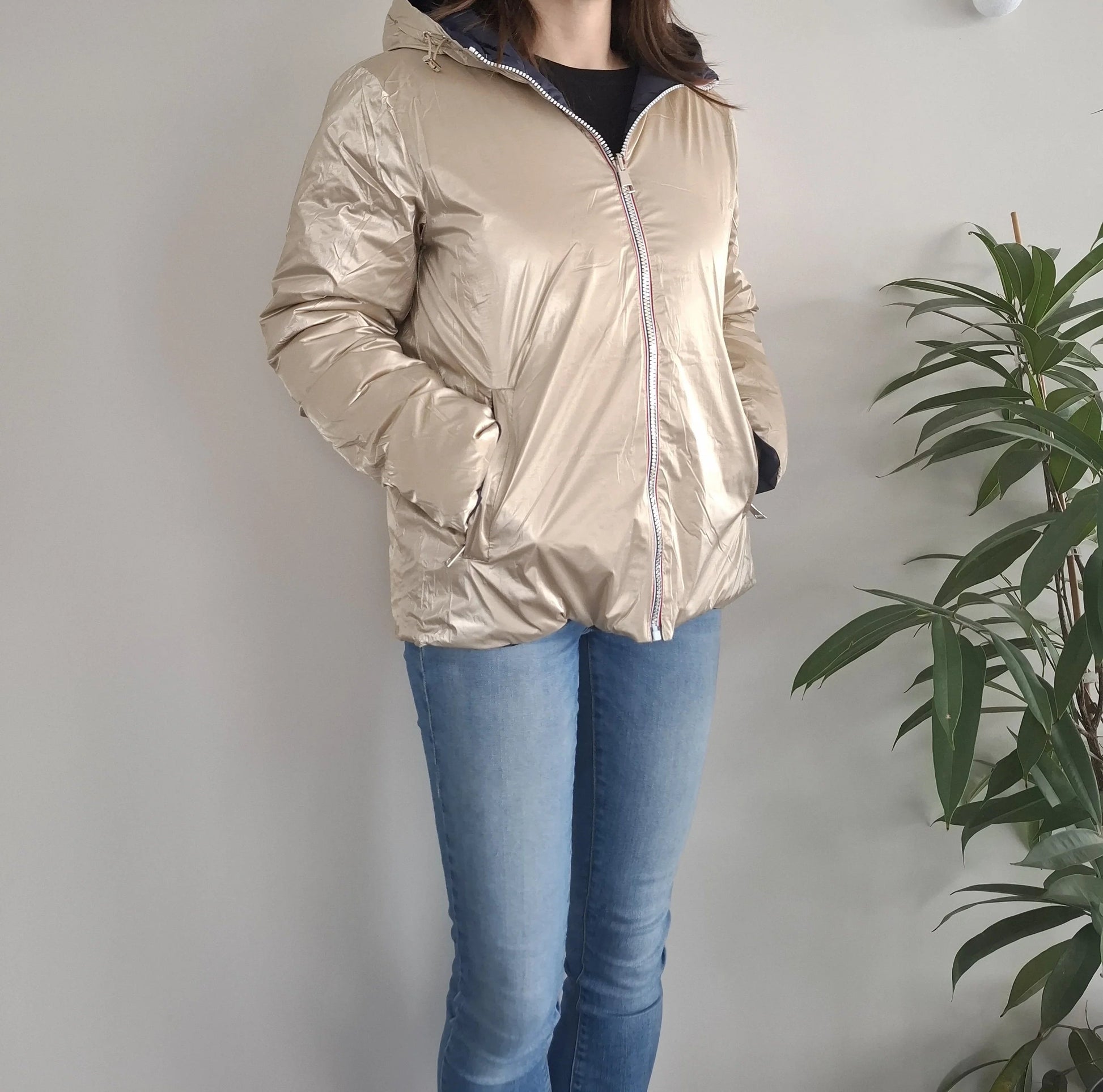 Doudoune manteau imperméable court réversible matelassé bleu marine doré Le Petit Placard