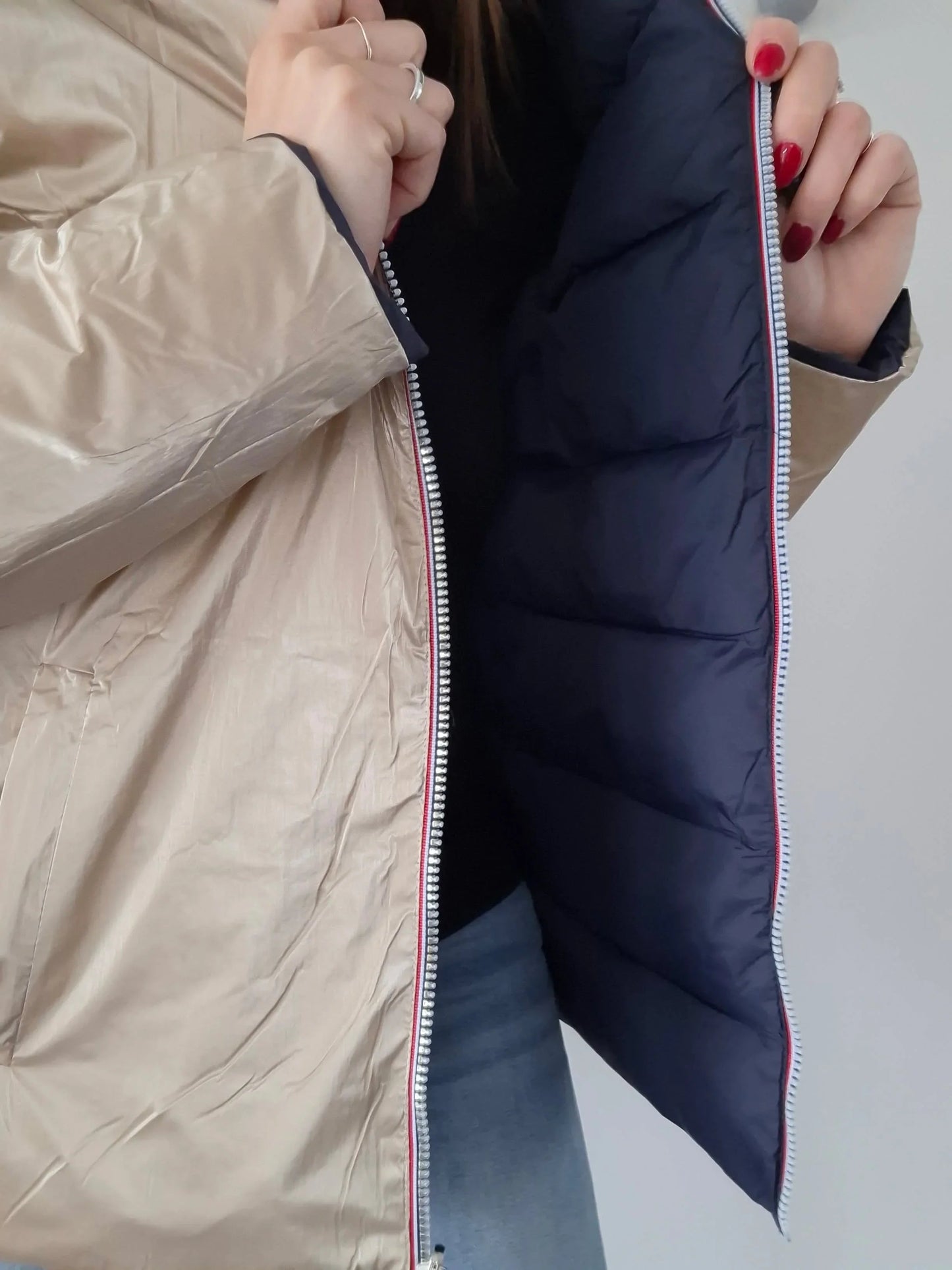 Doudoune manteau imperméable court réversible matelassé bleu marine doré Le Petit Placard
