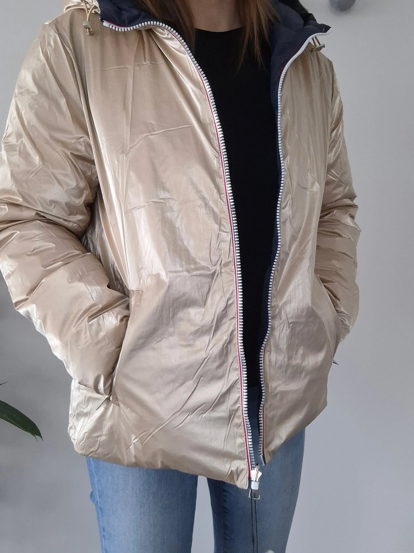 Doudoune manteau imperméable court réversible matelassé bleu marine doré Le Petit Placard