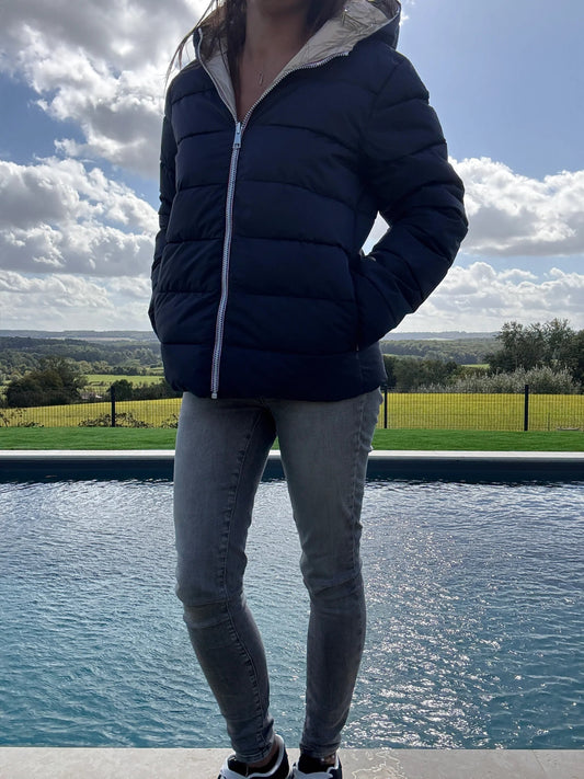 Doudoune manteau imperméable court réversible matelassé bleu marine doré Le Petit Placard