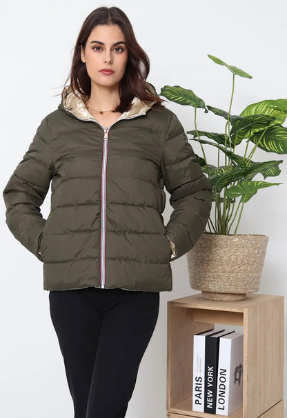 Doudoune manteau imperméable court réversible matelassé kaki doré Le Petit Placard