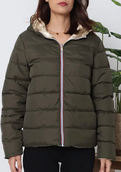 Doudoune manteau imperméable court réversible matelassé kaki doré Le Petit Placard
