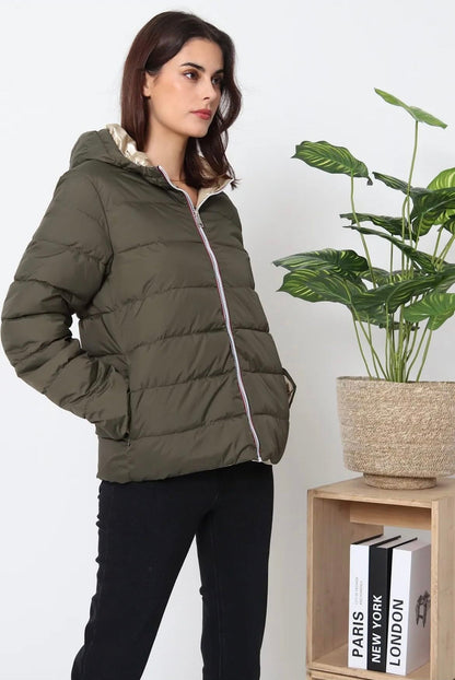 Doudoune manteau imperméable court réversible matelassé kaki doré Le Petit Placard