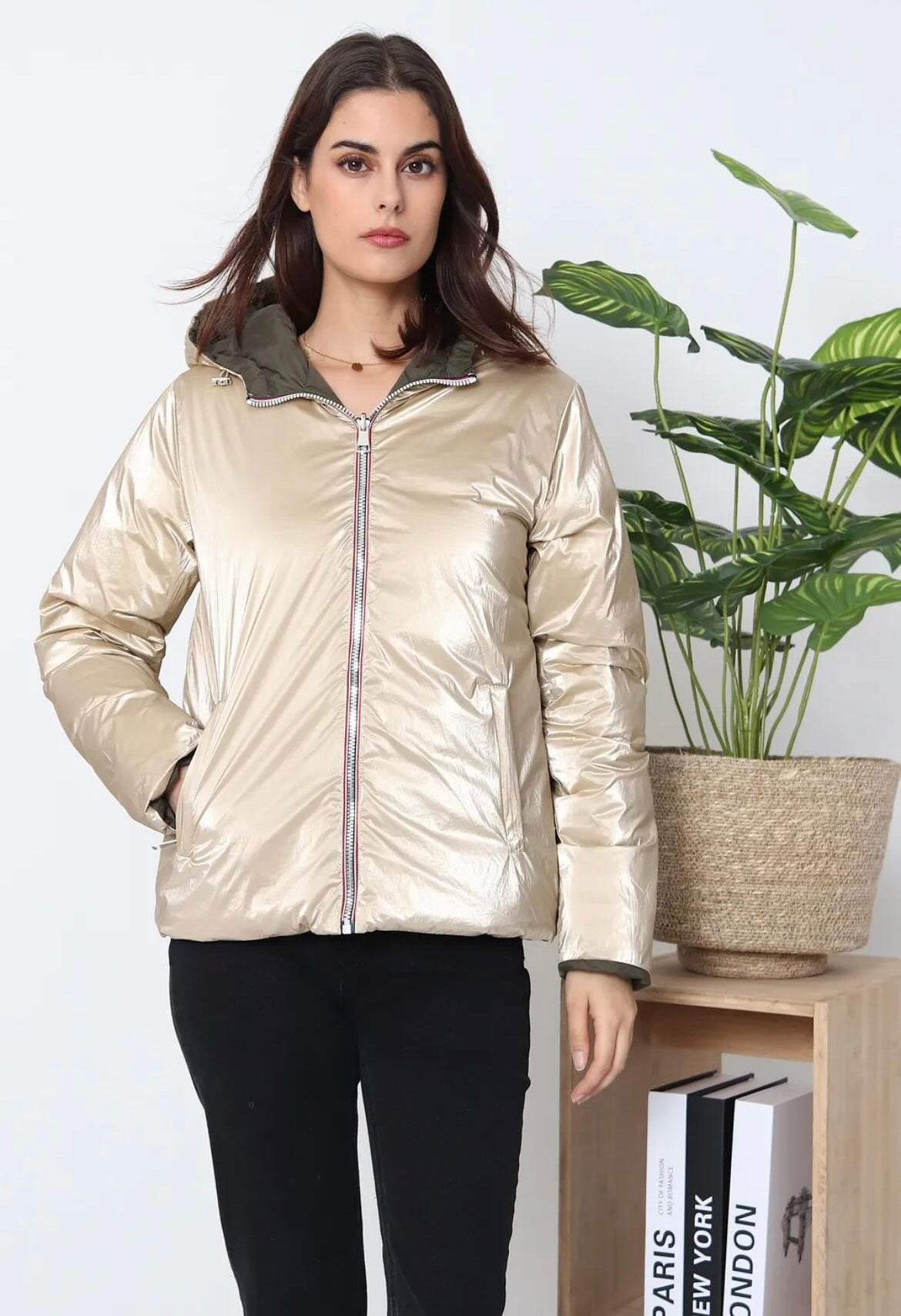 Doudoune manteau imperméable court réversible matelassé kaki doré Le Petit Placard
