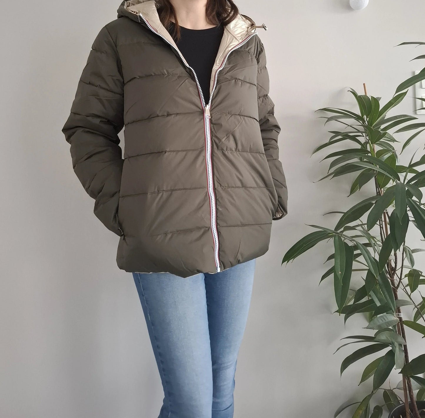 Doudoune manteau imperméable court réversible matelassé kaki doré Le Petit Placard