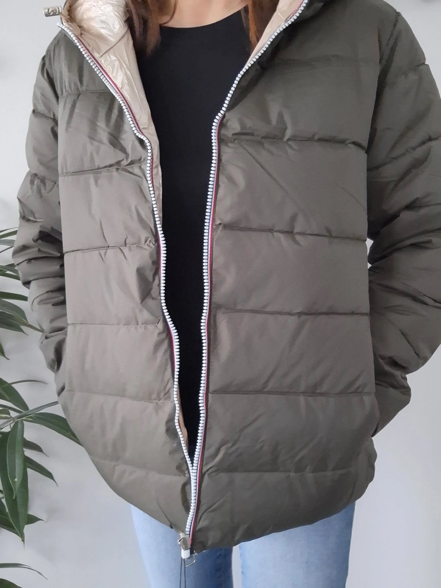 Doudoune manteau imperméable court réversible matelassé kaki doré Le Petit Placard