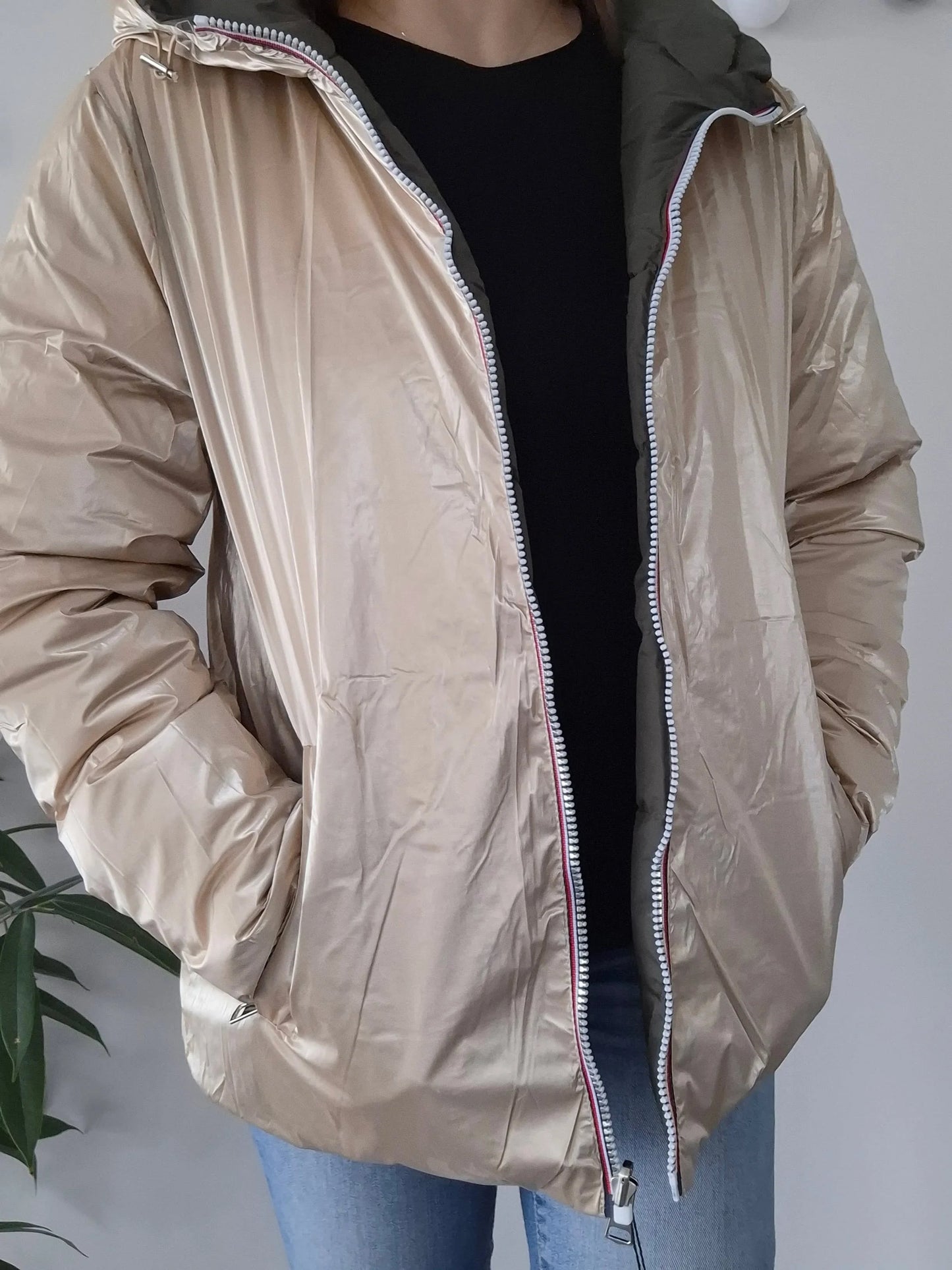 Doudoune manteau imperméable court réversible matelassé kaki doré Le Petit Placard