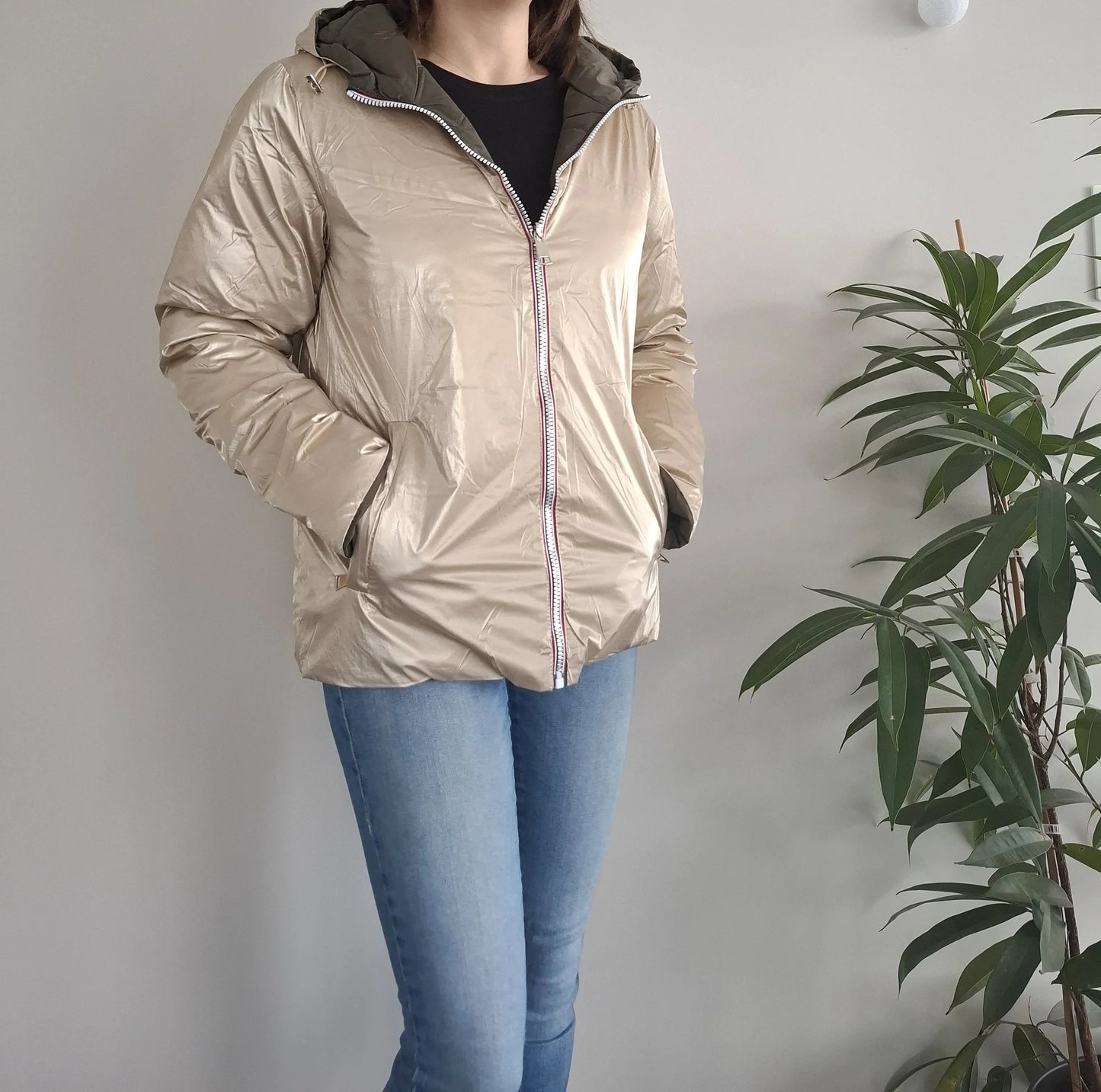 Doudoune manteau imperméable court réversible matelassé kaki doré Le Petit Placard