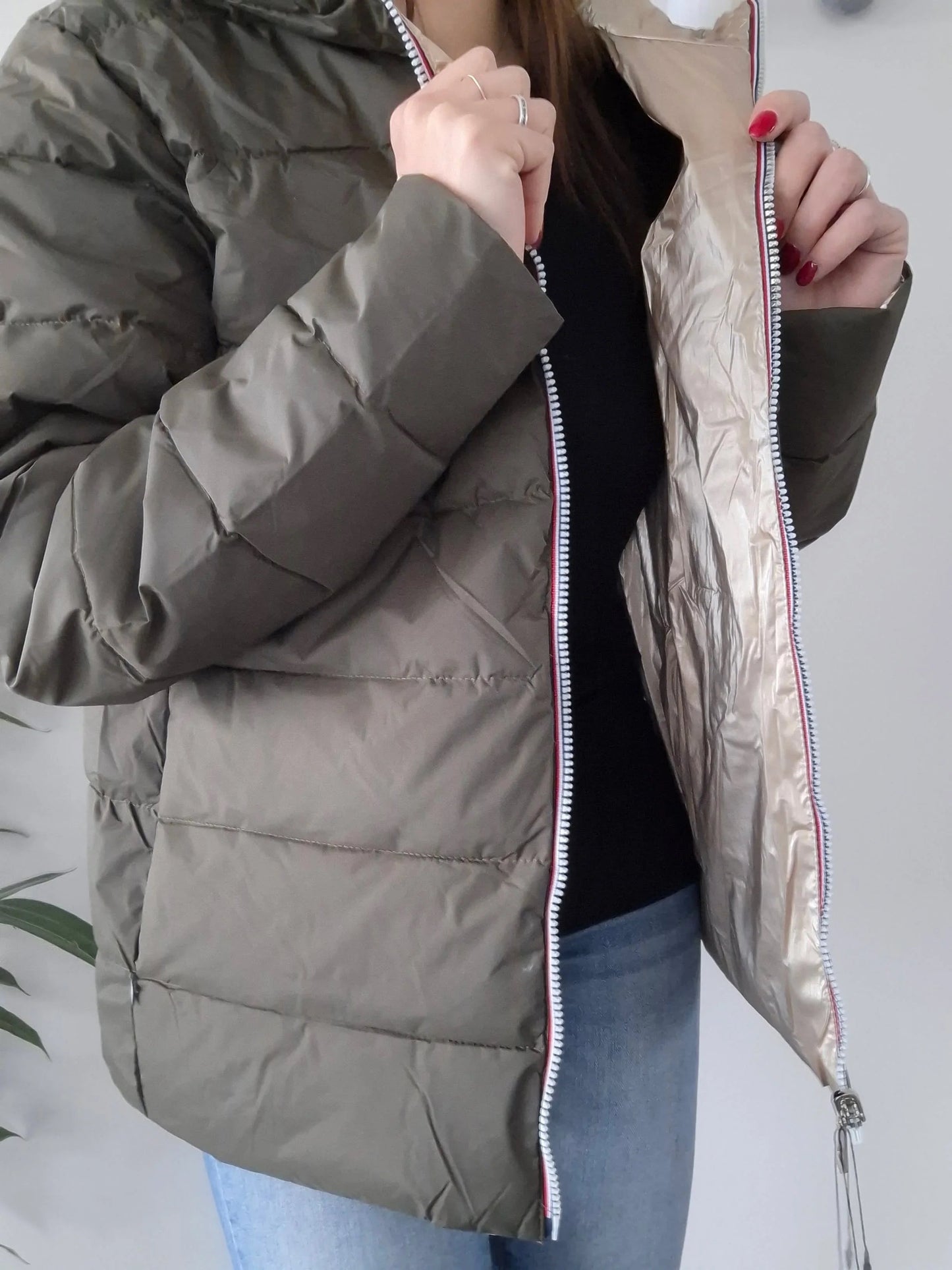 Doudoune manteau imperméable court réversible matelassé kaki doré Le Petit Placard
