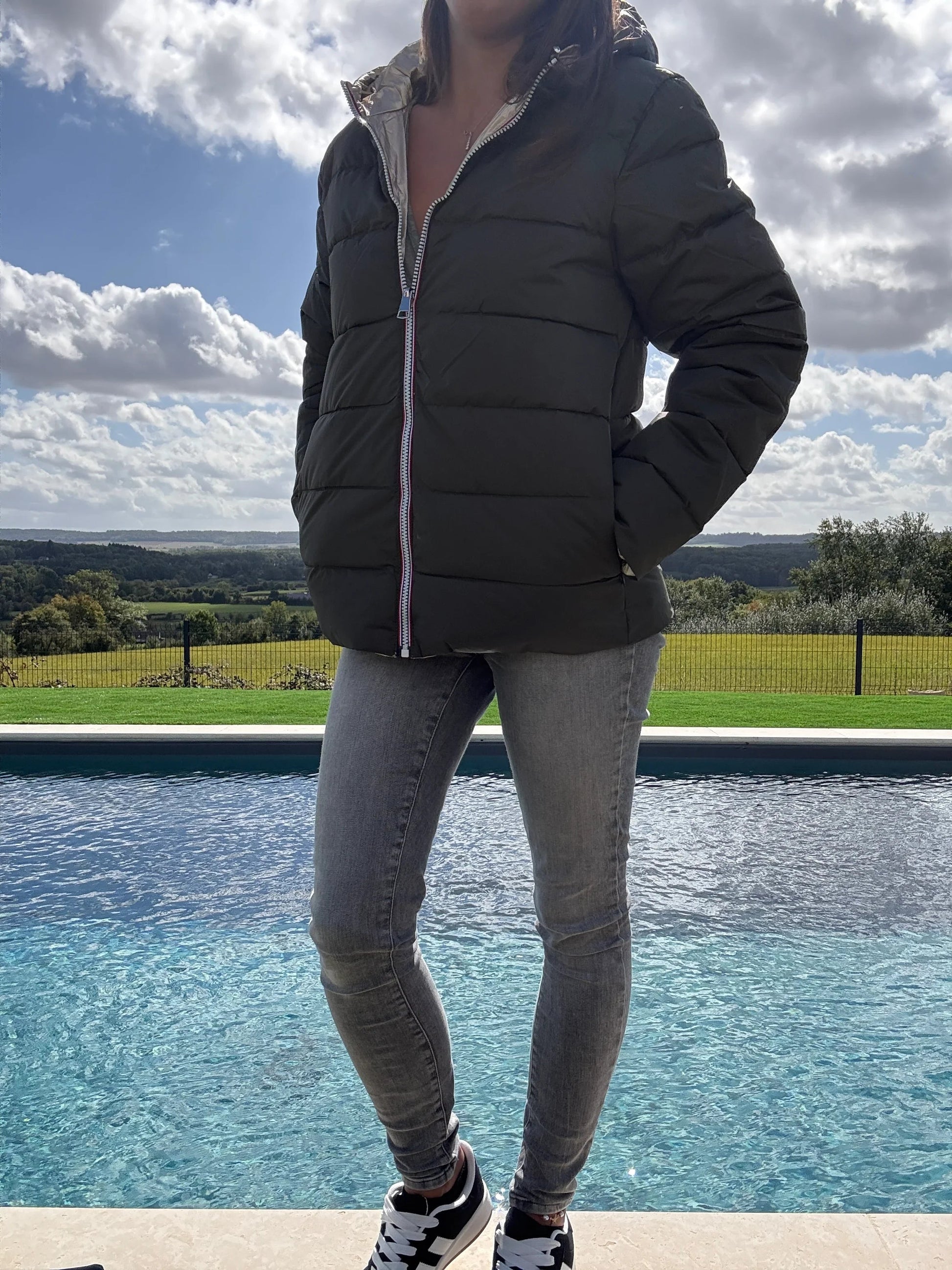 Doudoune manteau imperméable court réversible matelassé kaki doré Le Petit Placard