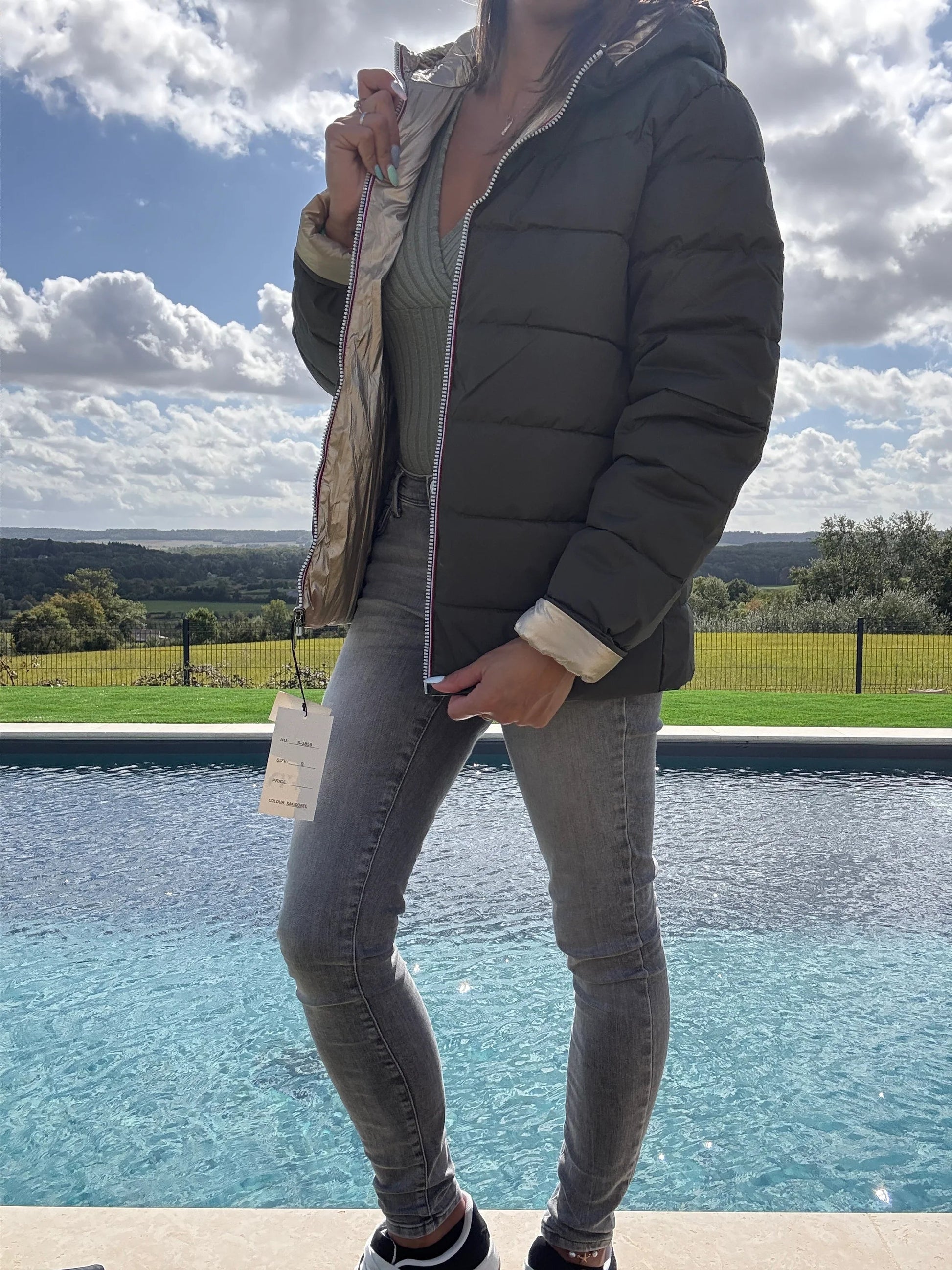 Doudoune manteau imperméable court réversible matelassé kaki doré Le Petit Placard