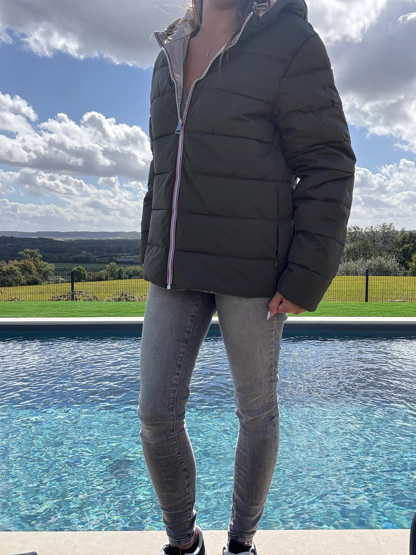 Doudoune manteau imperméable court réversible matelassé kaki doré Le Petit Placard