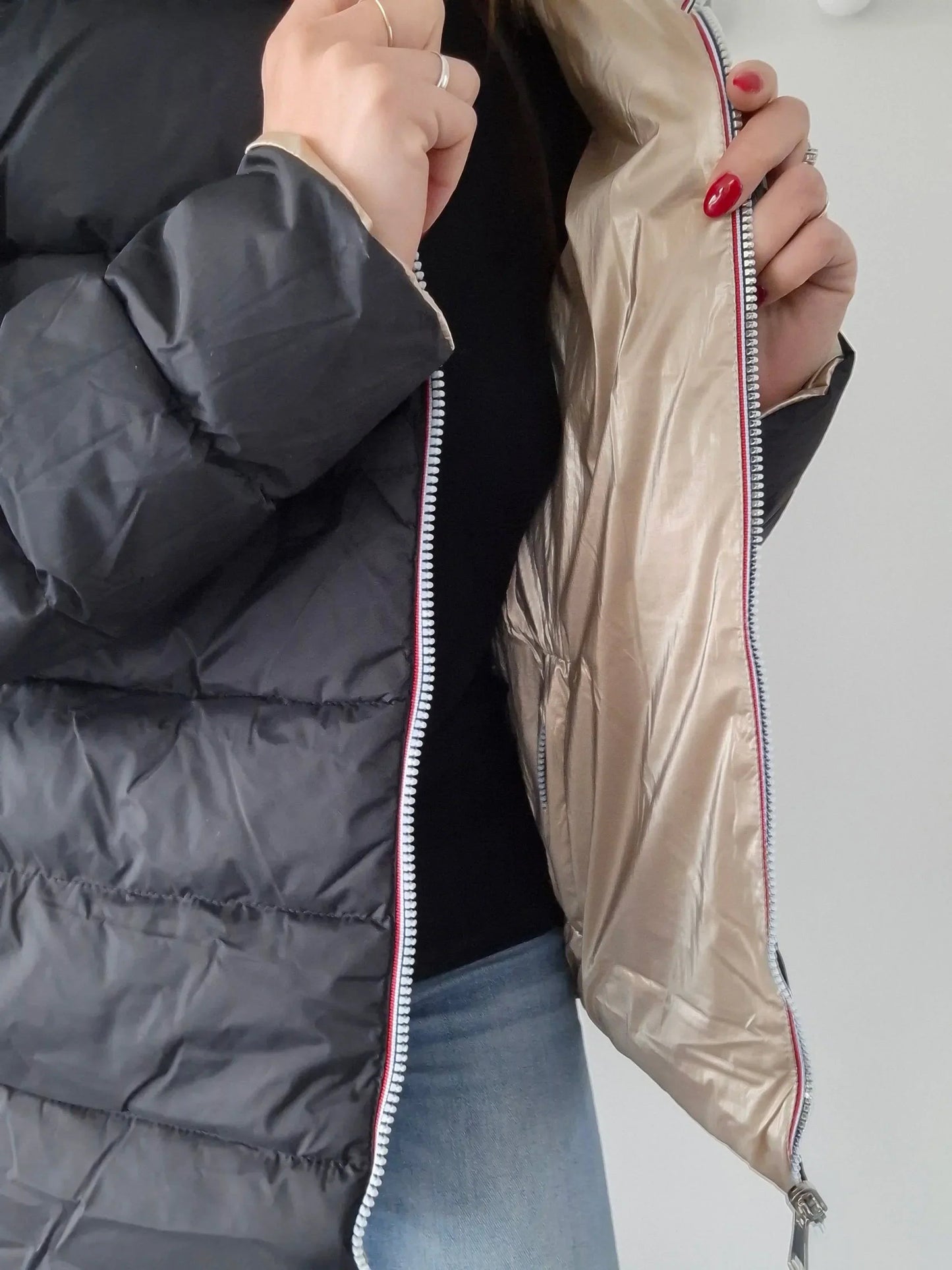 Doudoune manteau imperméable court réversible matelassé noir doré Le Petit Placard