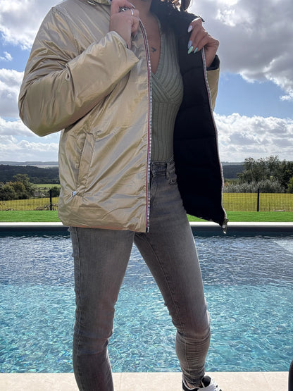 Doudoune manteau imperméable court réversible matelassé noir doré Le Petit Placard