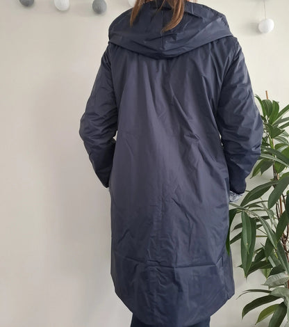 Laura Jo - Imperméable bleu marine réversible motif jungle long mi-saison garnissage ouate Le Petit Placard
