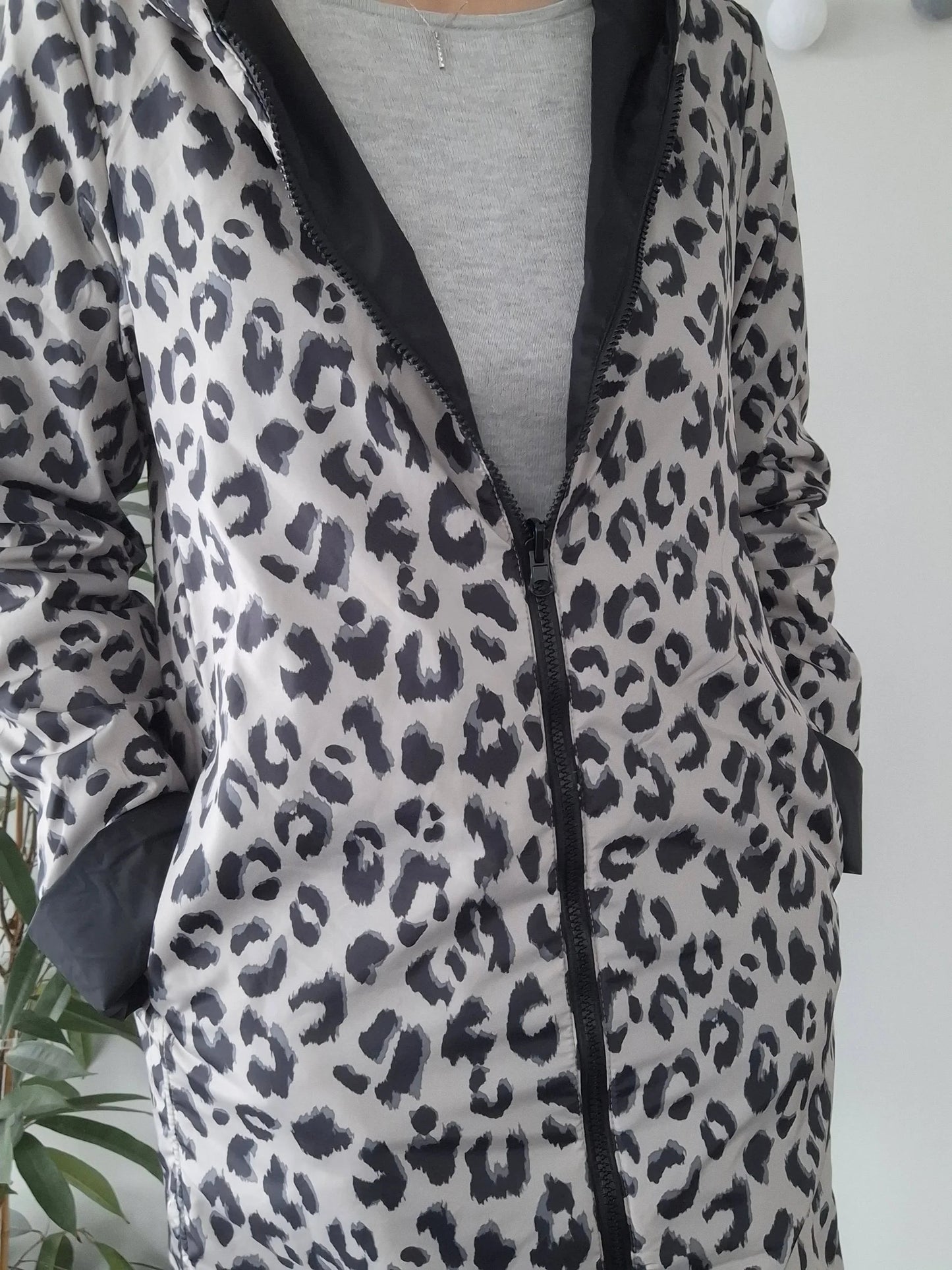Laura Jo - Imperméable noir réversible léopard long mi-saison garnissage ouate Le Petit Placard