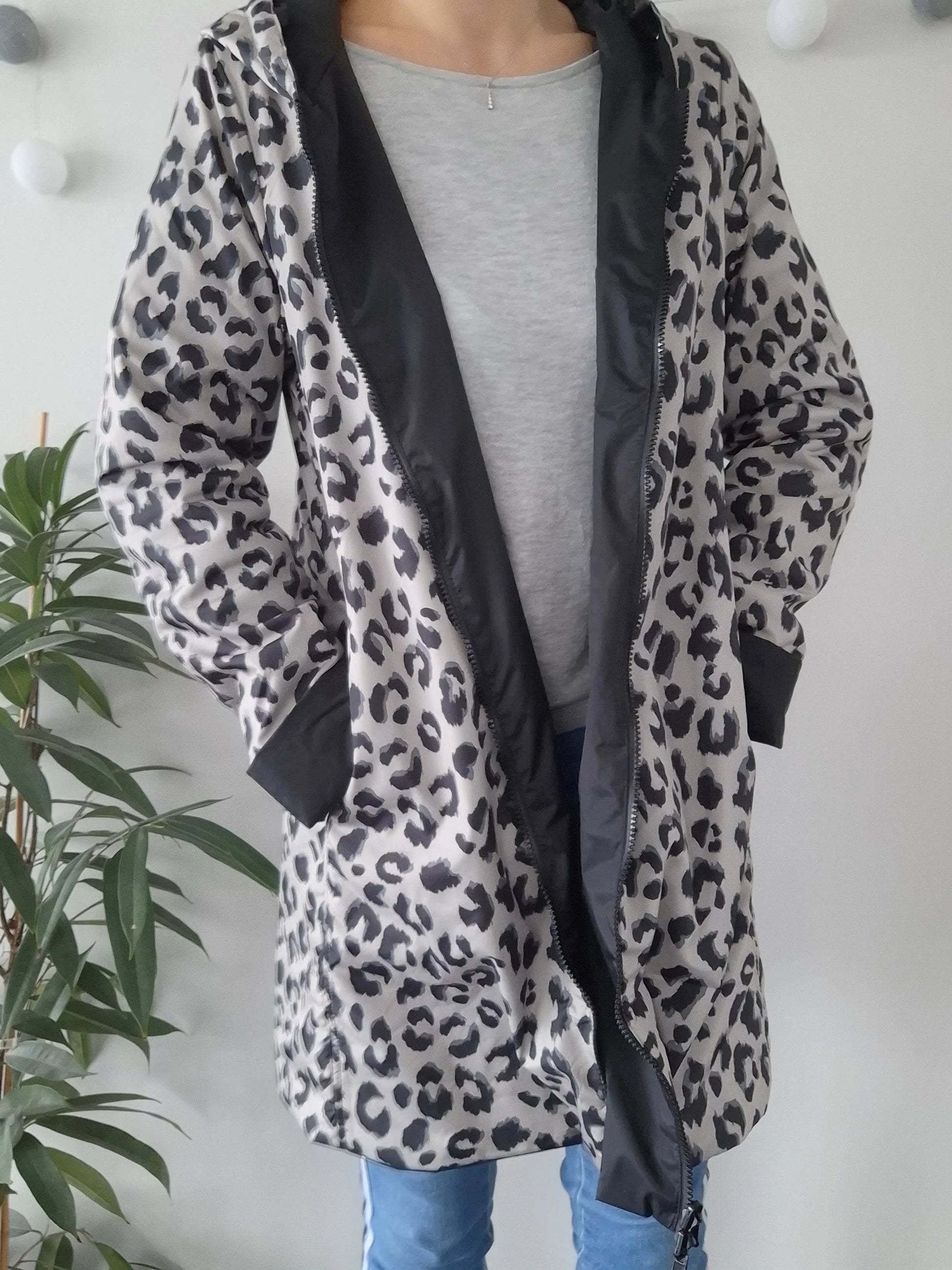 Laura Jo - Imperméable noir réversible léopard long mi-saison garnissage ouate Le Petit Placard