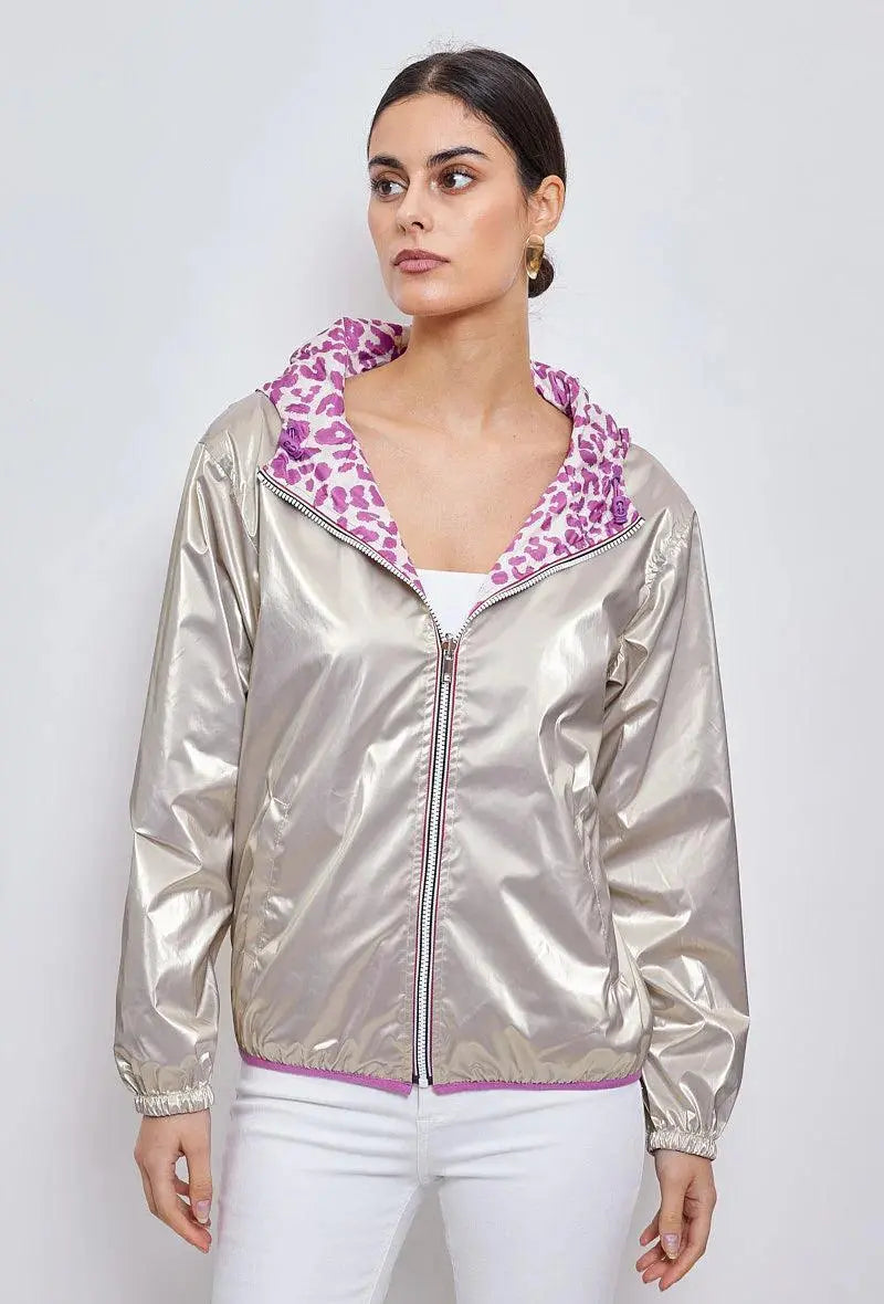 Escandelle - Parka imperméable courte Léopard violet réversible doré - Le Petit Placard