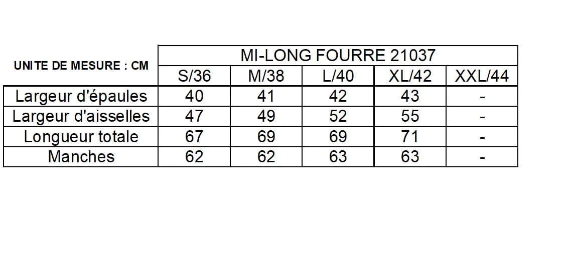Laura Jo mid-length faux fur raincoat size chart in centimeters, Le Petit Placard