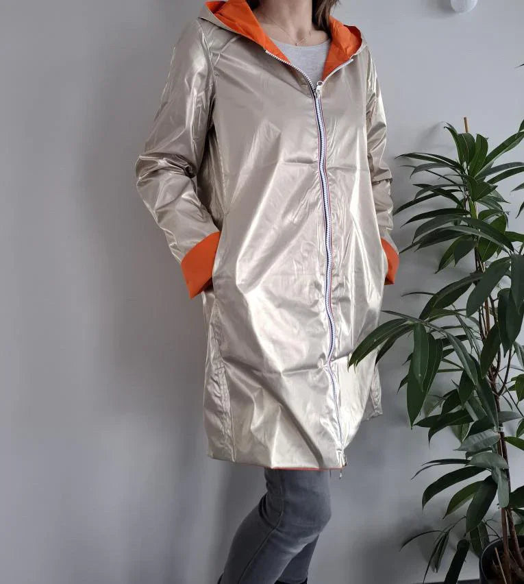 Laura Jo metallic raincoat with orange hood, Le Petit Placard, fashion outerwear