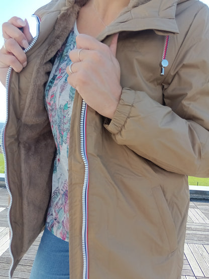 Woman wearing camel Laura Jo raincoat with faux fur lining, Le Petit Placard outdoor fashion