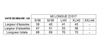 Size chart for mi-long Laura Jo raincoat, showing measurements in centimeters for S to XL sizes.