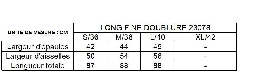 Size chart for Laura Jo long fine lining parka with shoulder, chest width, and total length in cm.