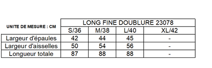 Size chart for Laura Jo long fine lining parka with shoulder, chest width, and total length in cm.