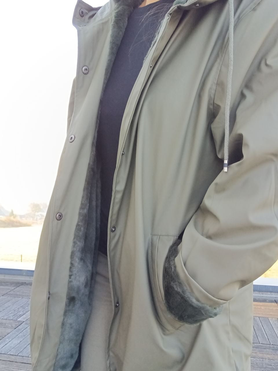 Long khaki waterproof coat with fur lining outdoor, Le Petit Placard fashion