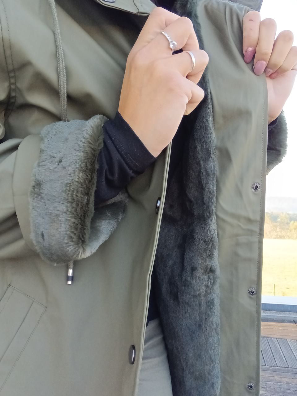 Kaki long waterproof faux fur lined coat Laura Jo, detail view, Le Petit Placard