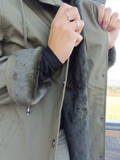 Kaki long waterproof faux fur lined coat Laura Jo, detail view, Le Petit Placard