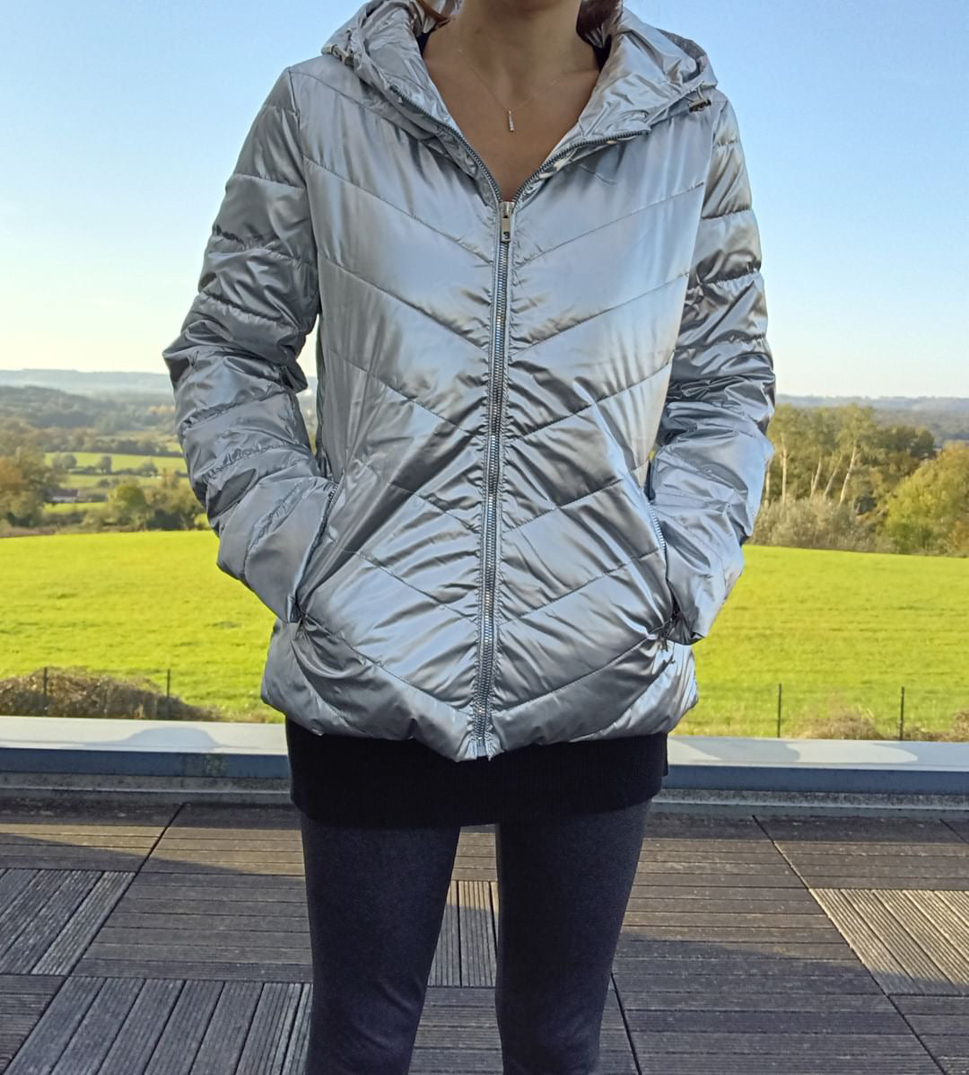 Woman wearing metallic silver Laura Jo puffer jacket outdoors, Le Petit Placard fashion