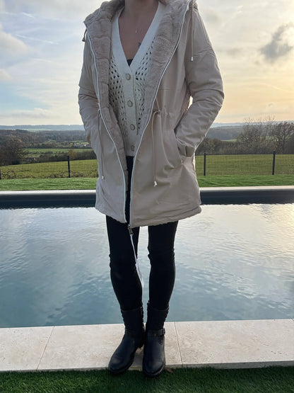 Parka longue réversible pour femme Le Petit Placard, beige, imperméable, fourrée avec cordon de taille ajustable, manteau chaud.