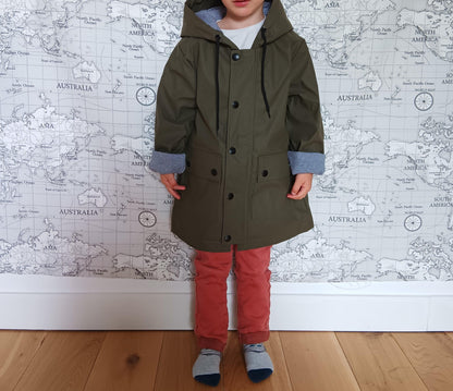 Child in khaki raincoat with cotton lining, Le Petit Placard, marine style kids fashion