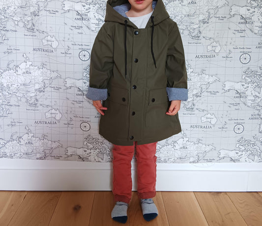 Child in khaki raincoat with cotton lining, Le Petit Placard, marine style kids fashion