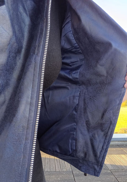 Close-up of the navy perfecto jacket interior, Le Petit Placard outdoor product photo