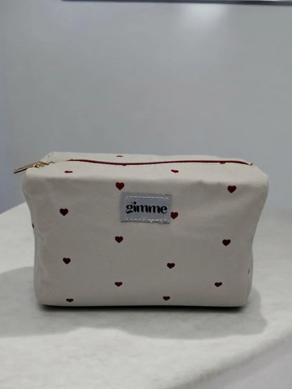 Pochette trousse en tissu imperméable blanc motifs cœurs rouges Le Petit Placard