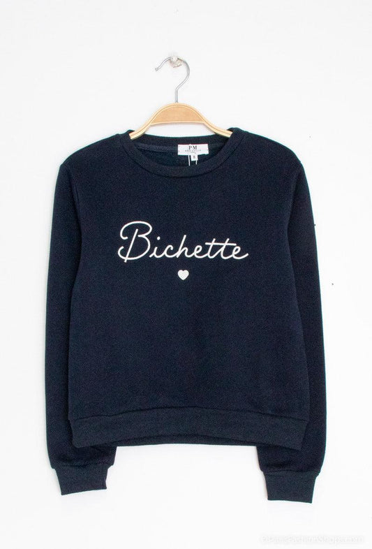 Navy blue kids sweatshirt with 'Bichette' text, Le Petit Placard trendy children's clothing