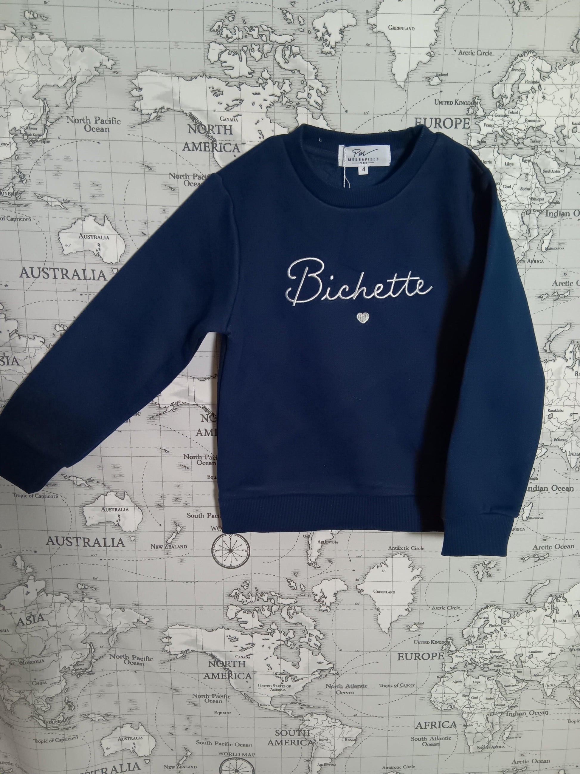 Navy blue children's sweatshirt with 'Bichette' text, Le Petit Placard, map background