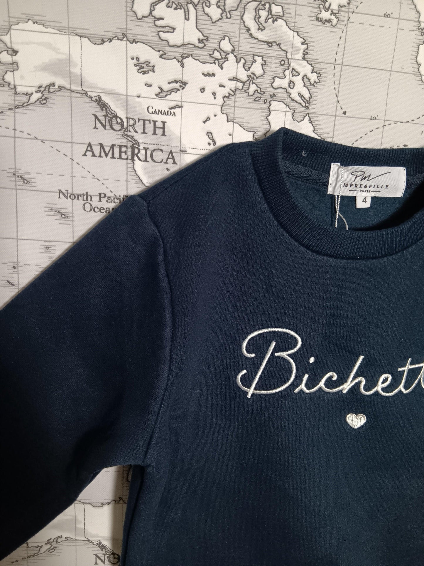 Navy blue children's sweatshirt 'Bichette' from Le Petit Placard, map background